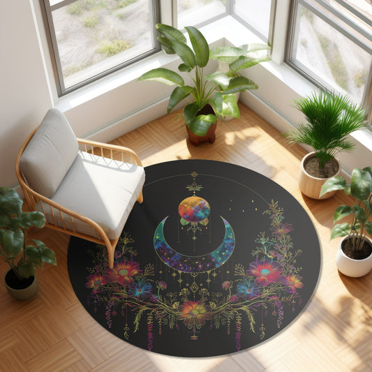 Celestial Garden Round Chenille Area Rug, Cosmic Bloom Aesthetic, Moonlit Floral Symphony, Starlit Wilderness Design, Galactic Botanical Decor