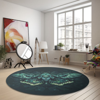 Green Lunar Moth Chenille Round Area Rug, Moon Lover Design, Vibrant Emerald Bedroom, Living and Meditation Space Decor