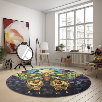 Sunset Moth & Full Moon Stained Glass Style Chenille Rug, Vivid Nature-Inspired Design, Artistic Decor for Home, Meditation & Rest Areas