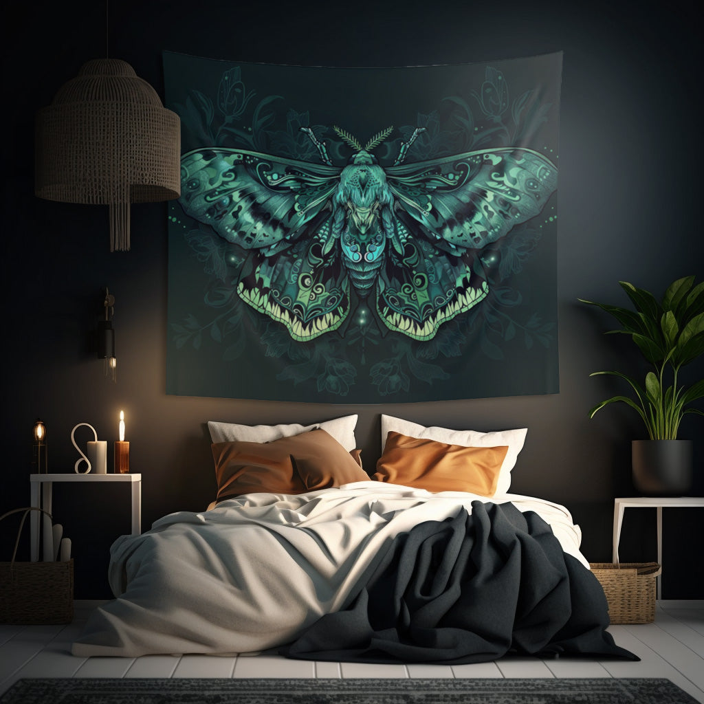 Neon Lunar Moth Wall Tapestry – Emerald Glow Mystical Decor for Bedrooms and Living Spaces