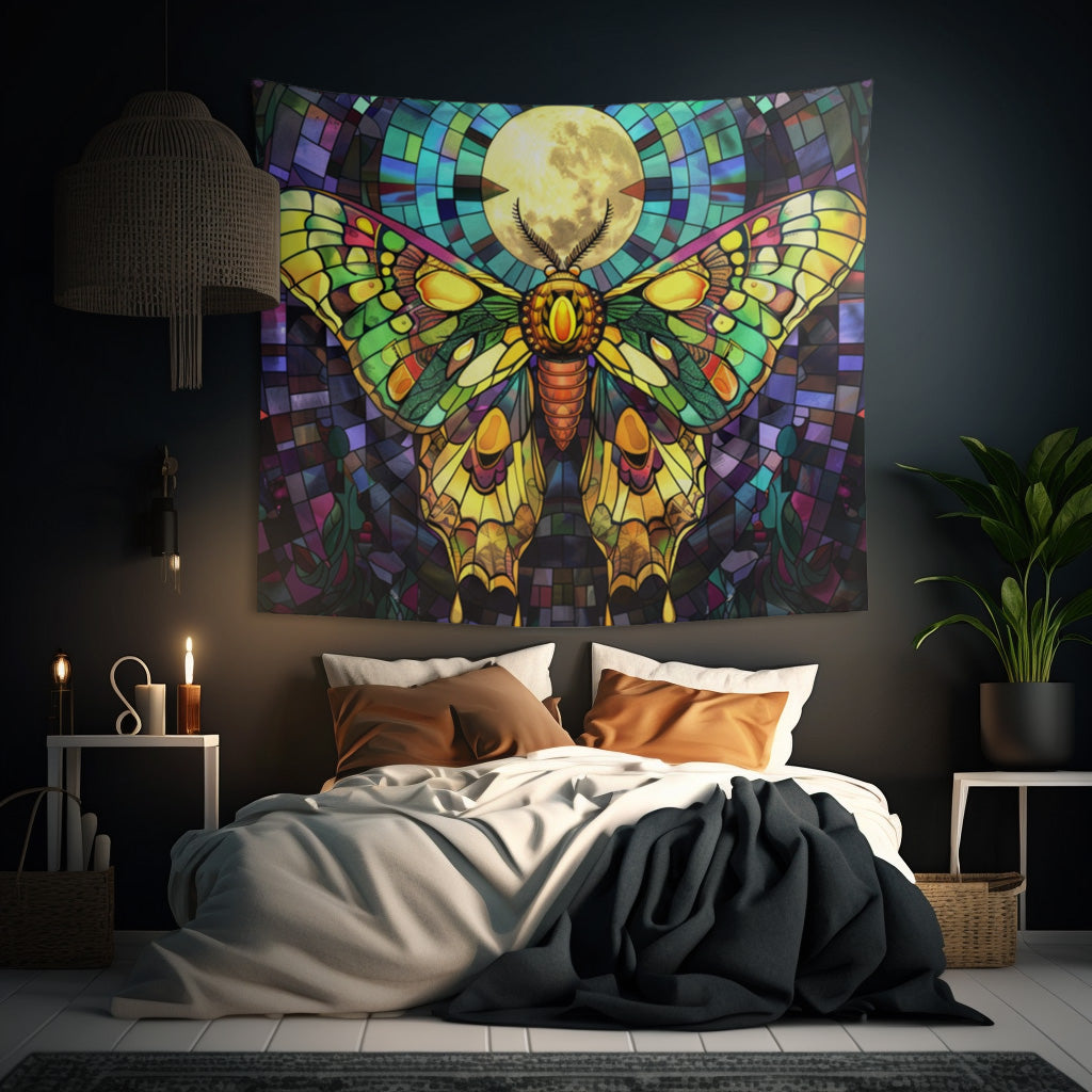 Golden Sunset Moth & Full Moon Wall Tapestry, Stained Glass-Inspired Vibrant Wing Artistry, Decorative Piece for Creative & Inspiring Spaces