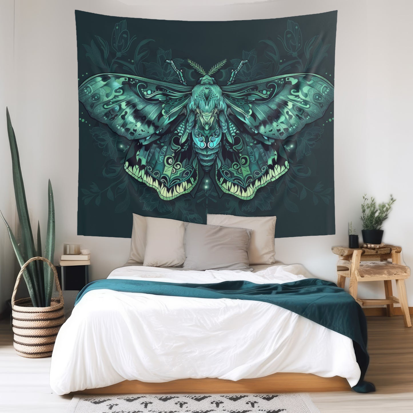 Neon Lunar Moth Wall Tapestry – Emerald Glow Mystical Decor for Bedrooms and Living Spaces