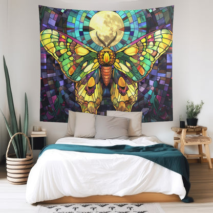 Golden Sunset Moth & Full Moon Wall Tapestry, Stained Glass-Inspired Vibrant Wing Artistry, Decorative Piece for Creative & Inspiring Spaces