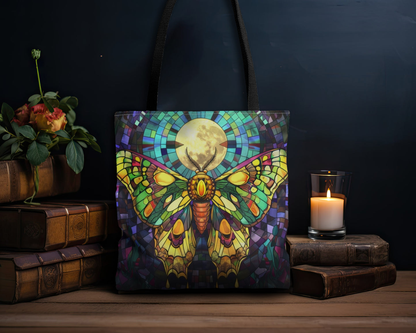 Mystic Moth & Moonlight Stained Glass Tote Bag, Enchanted Insect Design, Vibrant Accessory with Black Handles for Unique Style Statements