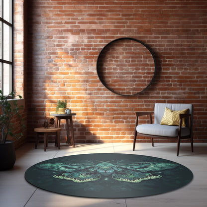 Green Lunar Moth Chenille Round Area Rug, Moon Lover Design, Vibrant Emerald Bedroom, Living and Meditation Space Decor