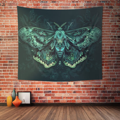 Neon Lunar Moth Wall Tapestry – Emerald Glow Mystical Decor for Bedrooms and Living Spaces