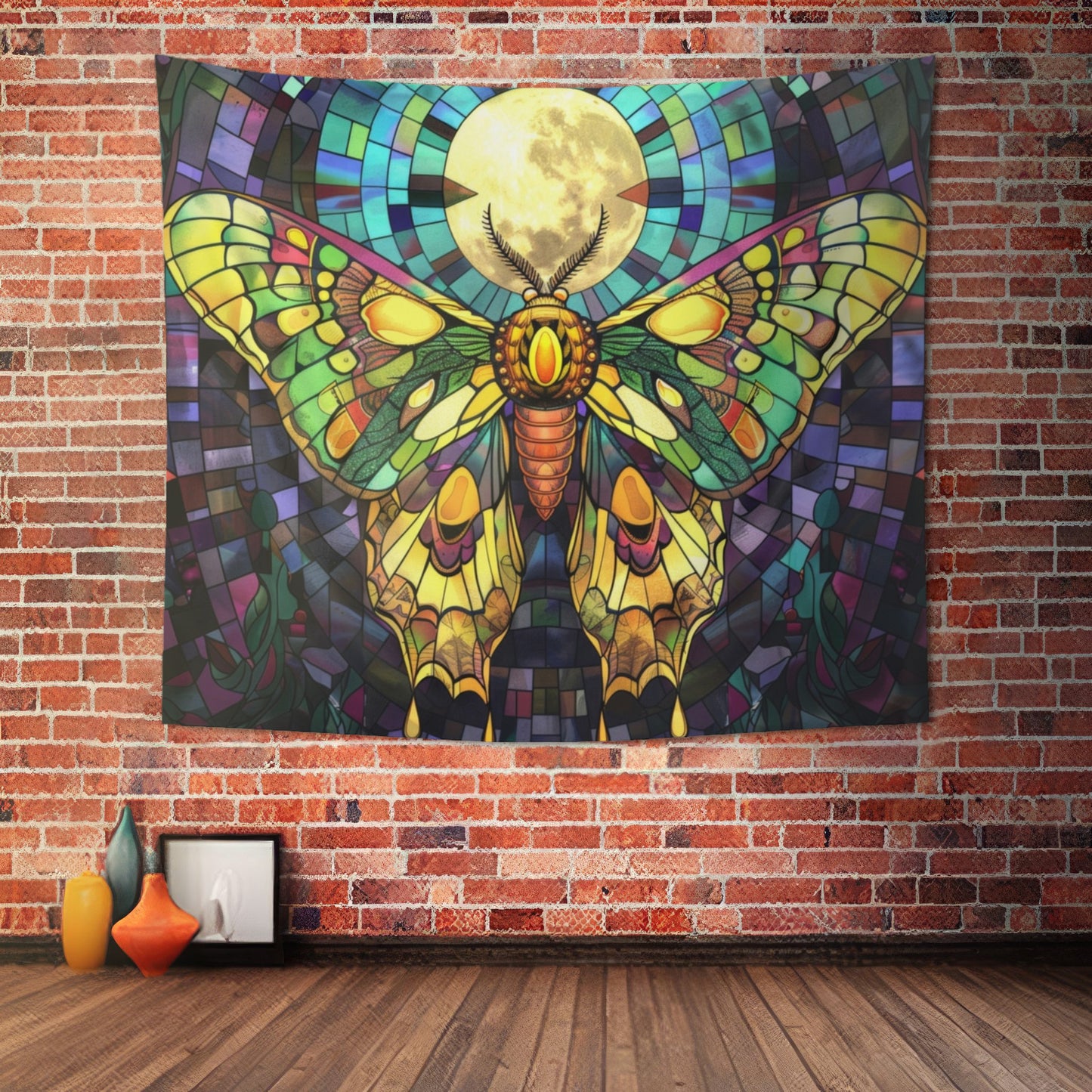 Golden Sunset Moth & Full Moon Wall Tapestry, Stained Glass-Inspired Vibrant Wing Artistry, Decorative Piece for Creative & Inspiring Spaces