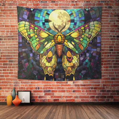 Golden Sunset Moth & Full Moon Wall Tapestry, Stained Glass-Inspired Vibrant Wing Artistry, Decorative Piece for Creative & Inspiring Spaces