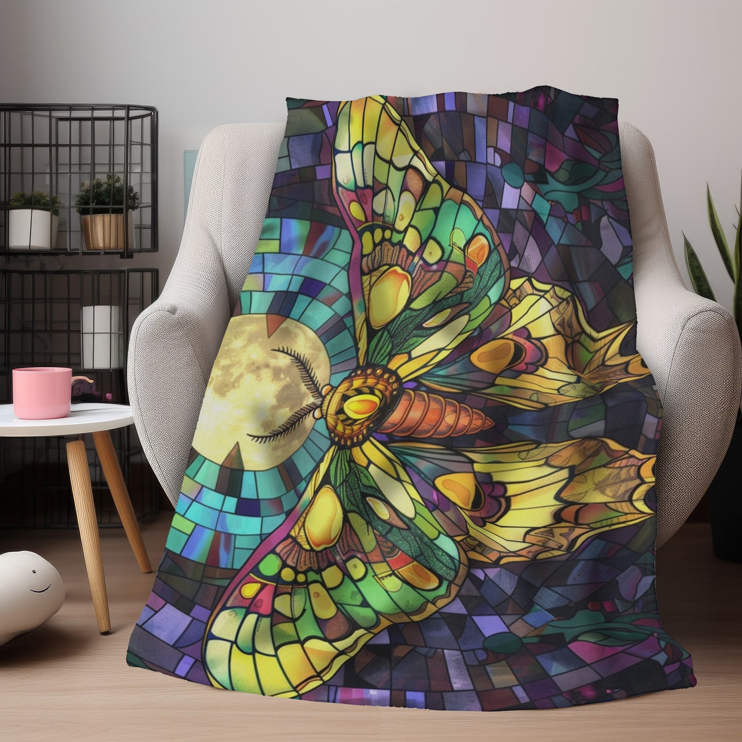 Illuminated Sunset Moth & Crescent Moon Stained Glass Double-Sided Throw Blanket, Luminous Winged Beauty, Luxurious Comfort for Restful Slumber