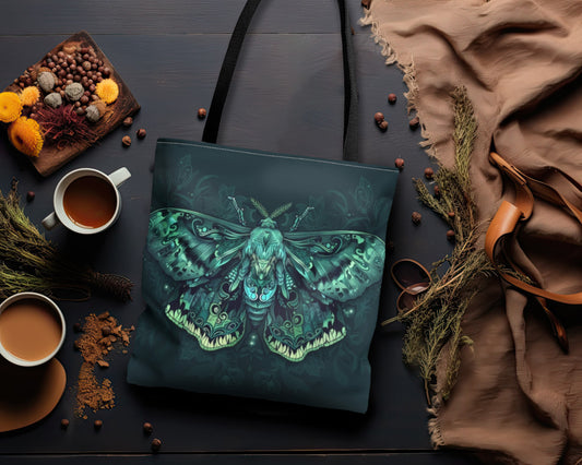 Lunar Moth Polyester Tote Bag (Double Sided), Emerald Inspired Design, Green Neon Style Fashion, 3 Sizes, Black Handles