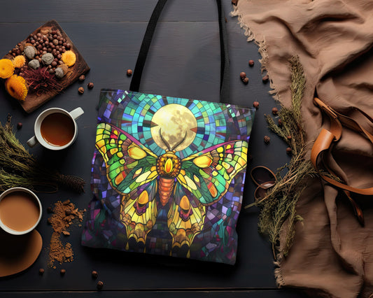 Mystic Moth & Moonlight Stained Glass Tote Bag, Enchanted Insect Design, Vibrant Accessory with Black Handles for Unique Style Statements