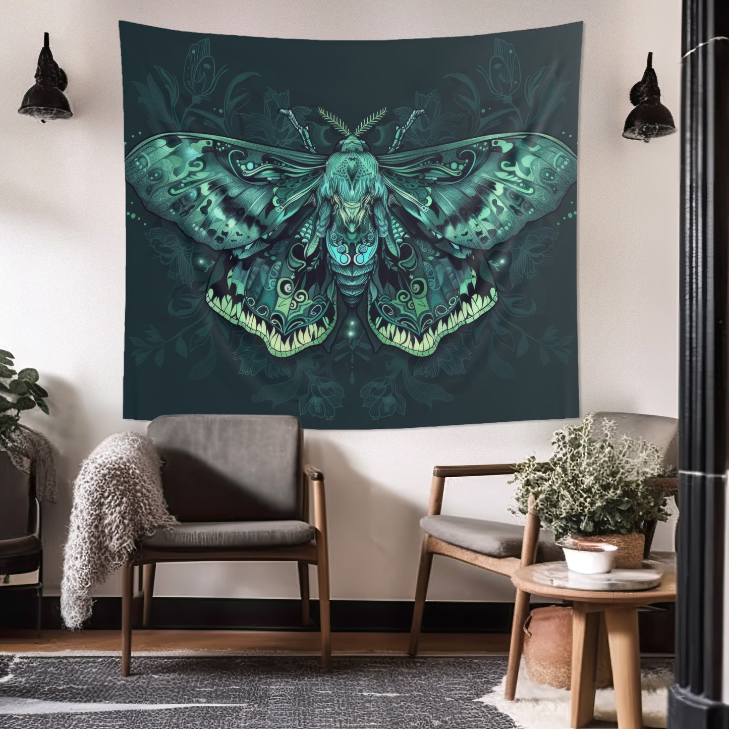 Neon Lunar Moth Wall Tapestry – Emerald Glow Mystical Decor for Bedrooms and Living Spaces