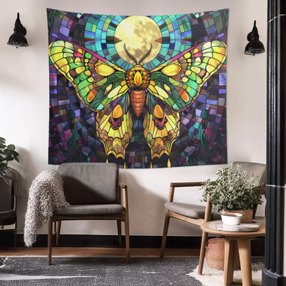 Golden Sunset Moth & Full Moon Wall Tapestry, Stained Glass-Inspired Vibrant Wing Artistry, Decorative Piece for Creative & Inspiring Spaces