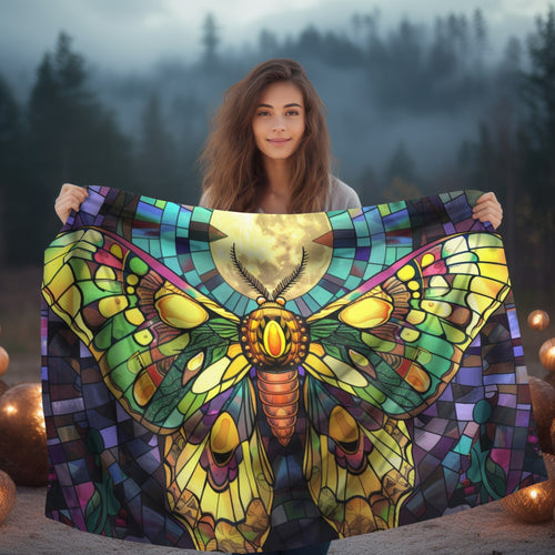 Illuminated Sunset Moth & Crescent Moon Stained Glass Double-Sided Throw Blanket, Luminous Winged Beauty, Luxurious Comfort for Restful Slumber