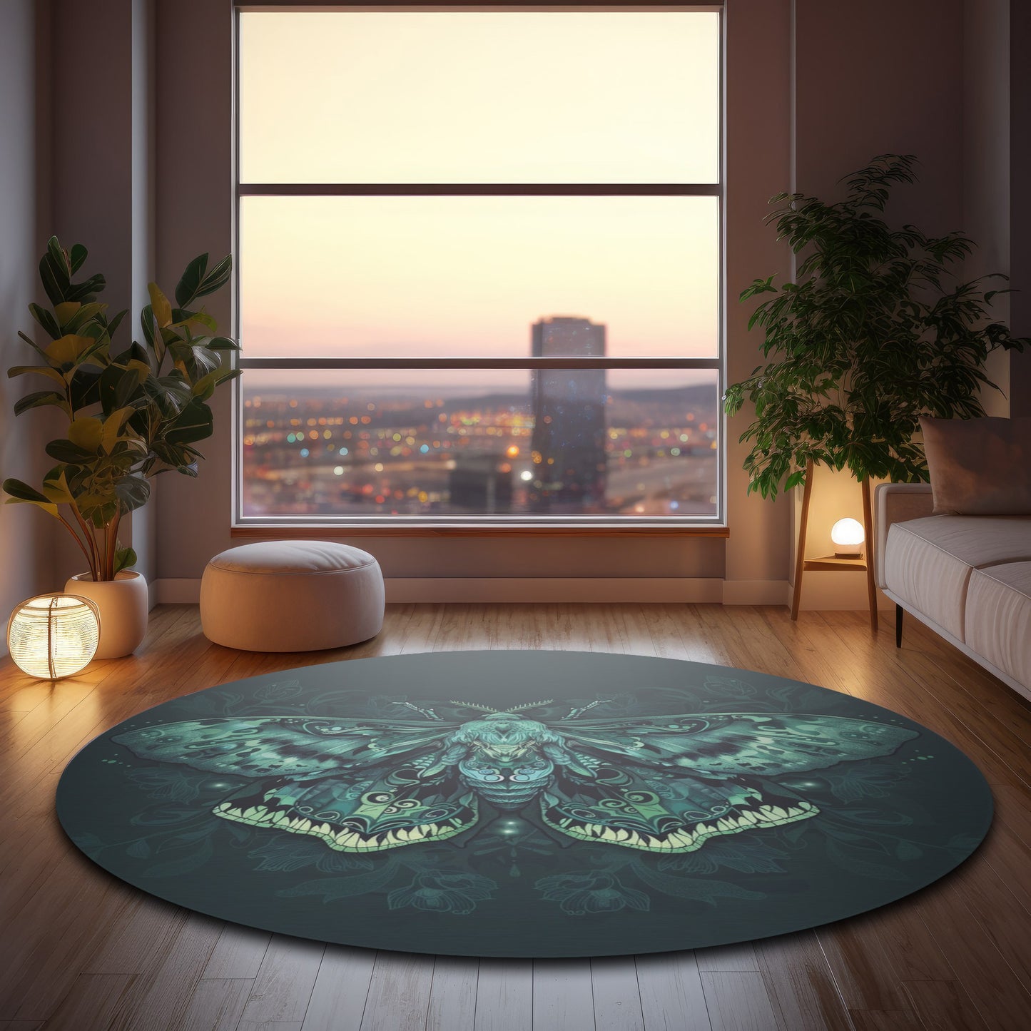 Green Lunar Moth Chenille Round Area Rug, Moon Lover Design, Vibrant Emerald Bedroom, Living and Meditation Space Decor