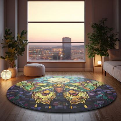 Sunset Moth & Full Moon Stained Glass Style Chenille Rug, Vivid Nature-Inspired Design, Artistic Decor for Home, Meditation & Rest Areas