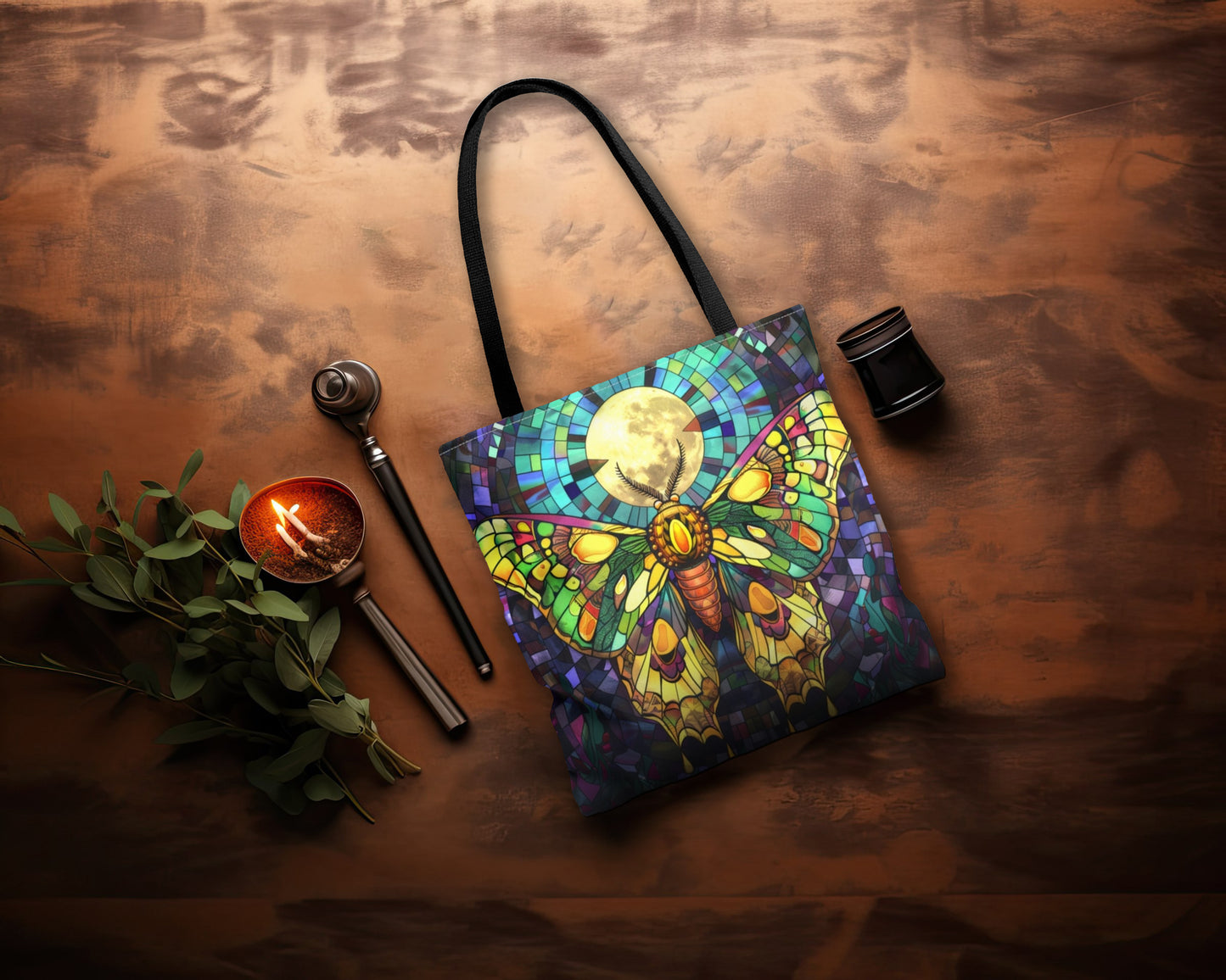 Mystic Moth & Moonlight Stained Glass Tote Bag, Enchanted Insect Design, Vibrant Accessory with Black Handles for Unique Style Statements