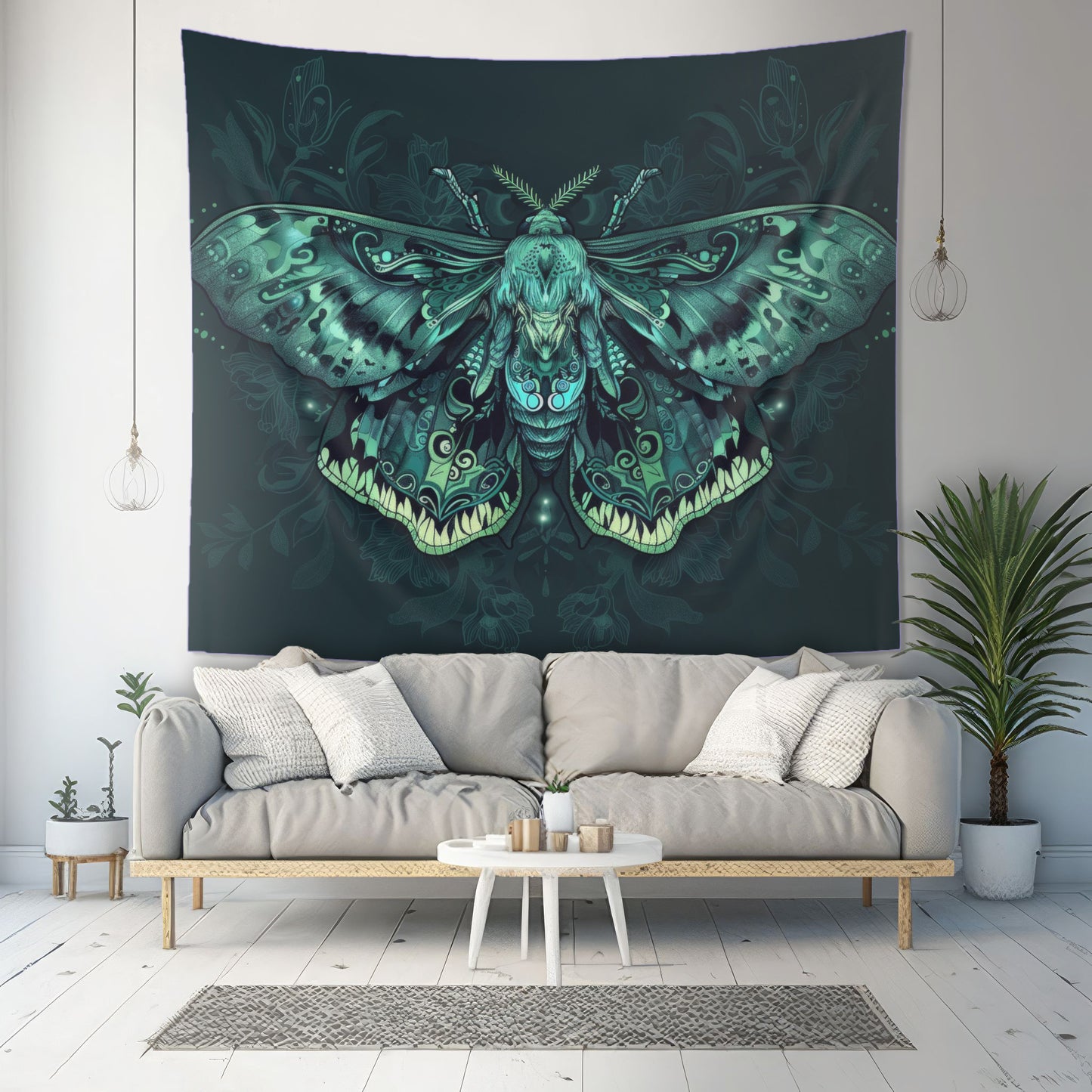 Neon Lunar Moth Wall Tapestry – Emerald Glow Mystical Decor for Bedrooms and Living Spaces