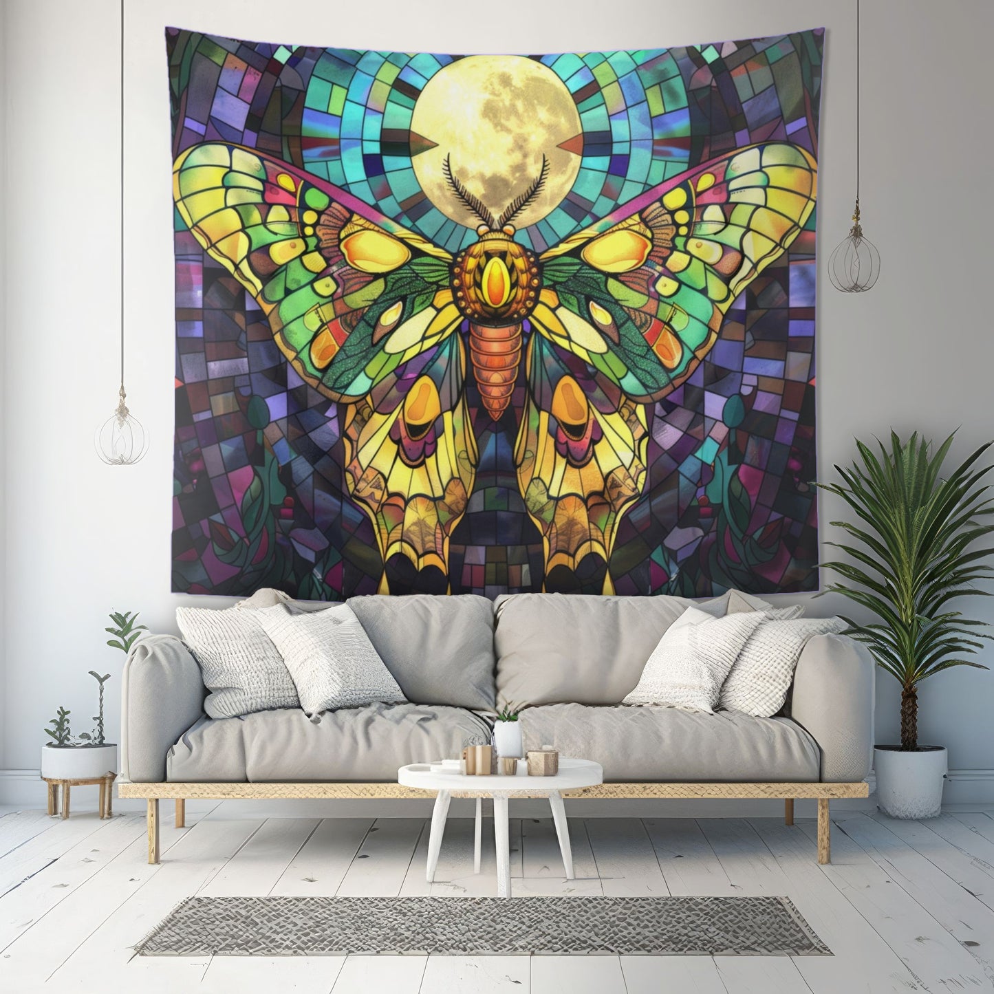 Golden Sunset Moth & Full Moon Wall Tapestry, Stained Glass-Inspired Vibrant Wing Artistry, Decorative Piece for Creative & Inspiring Spaces