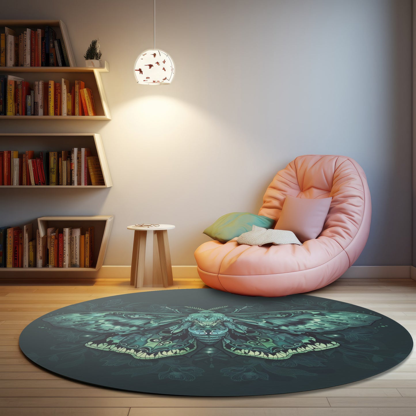 Green Lunar Moth Chenille Round Area Rug, Moon Lover Design, Vibrant Emerald Bedroom, Living and Meditation Space Decor