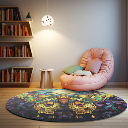 Sunset Moth & Full Moon Stained Glass Style Chenille Rug, Vivid Nature-Inspired Design, Artistic Decor for Home, Meditation & Rest Areas