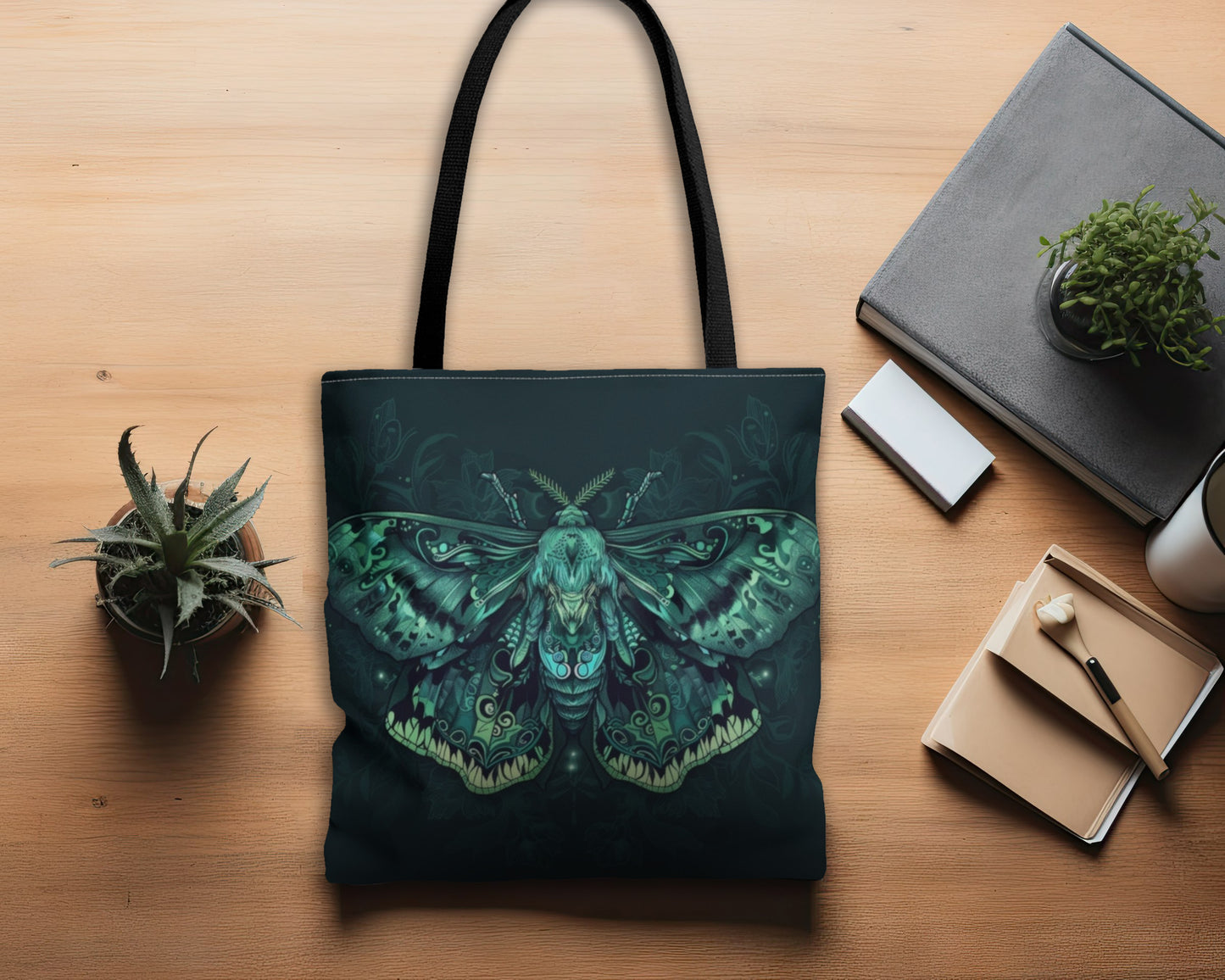 Lunar Moth Polyester Tote Bag (Double Sided), Emerald Inspired Design, Green Neon Style Fashion, 3 Sizes, Black Handles