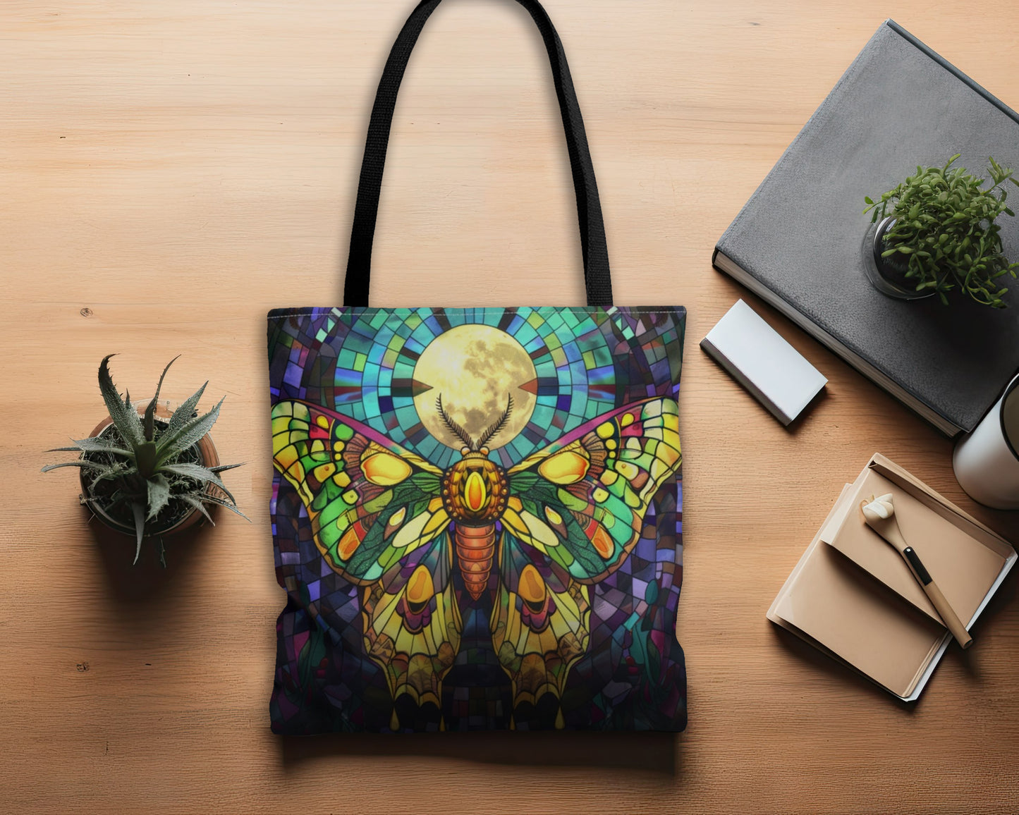 Mystic Moth & Moonlight Stained Glass Tote Bag, Enchanted Insect Design, Vibrant Accessory with Black Handles for Unique Style Statements