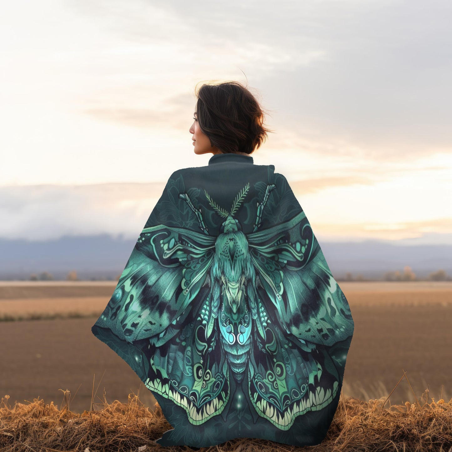 Lunar Moth Double Sided Throw Blanket, Vibrant Emerald Design, Neon Aesthetic, Mystical Magical Bedroom, Living, and Dorm Room Decor