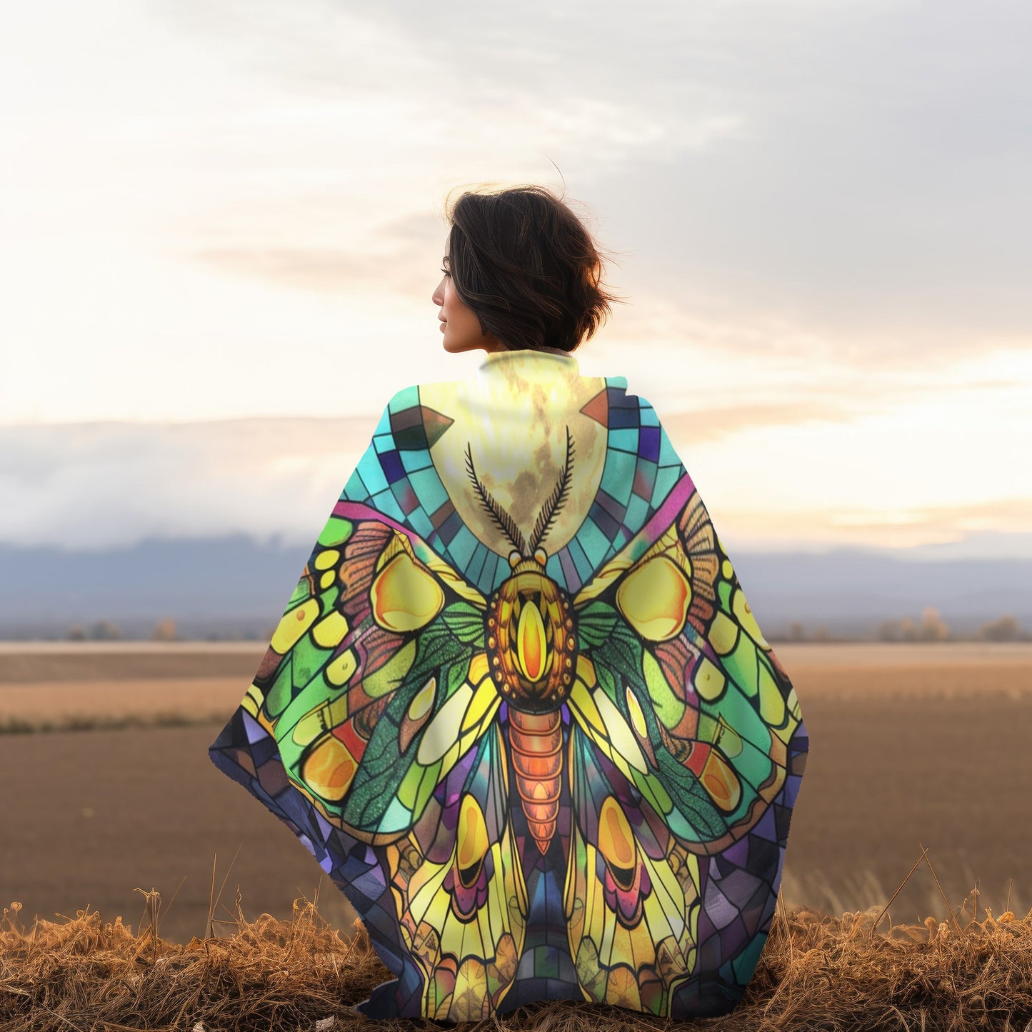 Illuminated Sunset Moth & Crescent Moon Stained Glass Double-Sided Throw Blanket, Luminous Winged Beauty, Luxurious Comfort for Restful Slumber