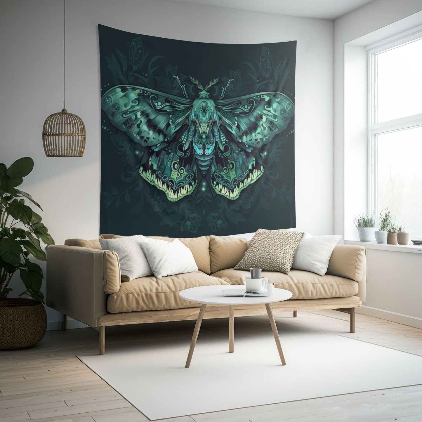 Neon Lunar Moth Wall Tapestry – Emerald Glow Mystical Decor for Bedrooms and Living Spaces