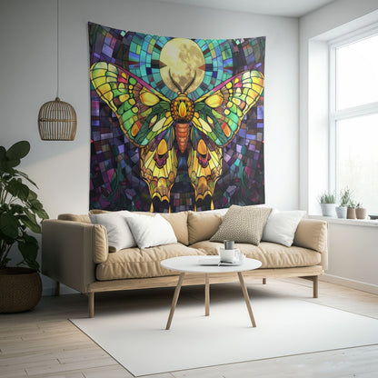 Golden Sunset Moth & Full Moon Wall Tapestry, Stained Glass-Inspired Vibrant Wing Artistry, Decorative Piece for Creative & Inspiring Spaces