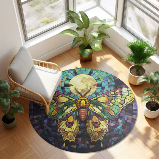 Sunset Moth & Full Moon Stained Glass Style Chenille Rug, Vivid Nature-Inspired Design, Artistic Decor for Home, Meditation & Rest Areas