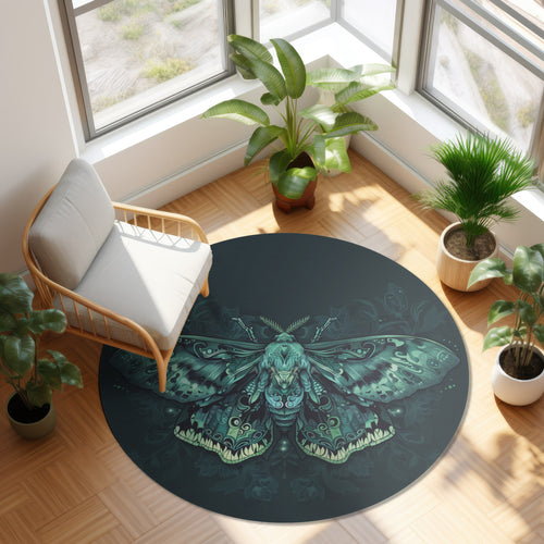 Green Lunar Moth Chenille Round Area Rug, Moon Lover Design, Vibrant Emerald Bedroom, Living and Meditation Space Decor