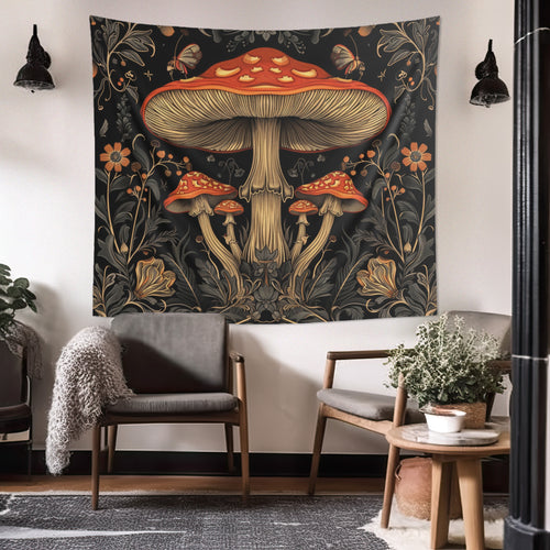 Mushroom & Wildflower Indoor Wall Tapestry, Dark Cottagecore Design, Folk Aesthetic, Mystical Magical Bedroom, Living, and Dorm Room Decor