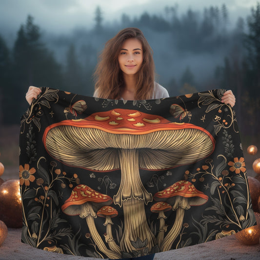 Mushroom & Wildflower 2 Sided Throw Blanket, Dark Cottagecore Design, Folk Aesthetic, Mystical Magical Bedroom, Living, and Dorm Room Decor