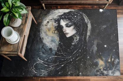 Nyx’s Nocturne Chenille Area Rug, Greek Night Deity Motif, Starry Elegance, Majestic Decor, Cosmic Ambiance Enhancer