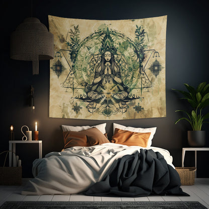 Nature Goddess Indoor Wall Tapestry, Mysterious Occult Design, Sacred Geometry Aesthetic Enchanting Bedroom, Living, and Dorm Room Decor