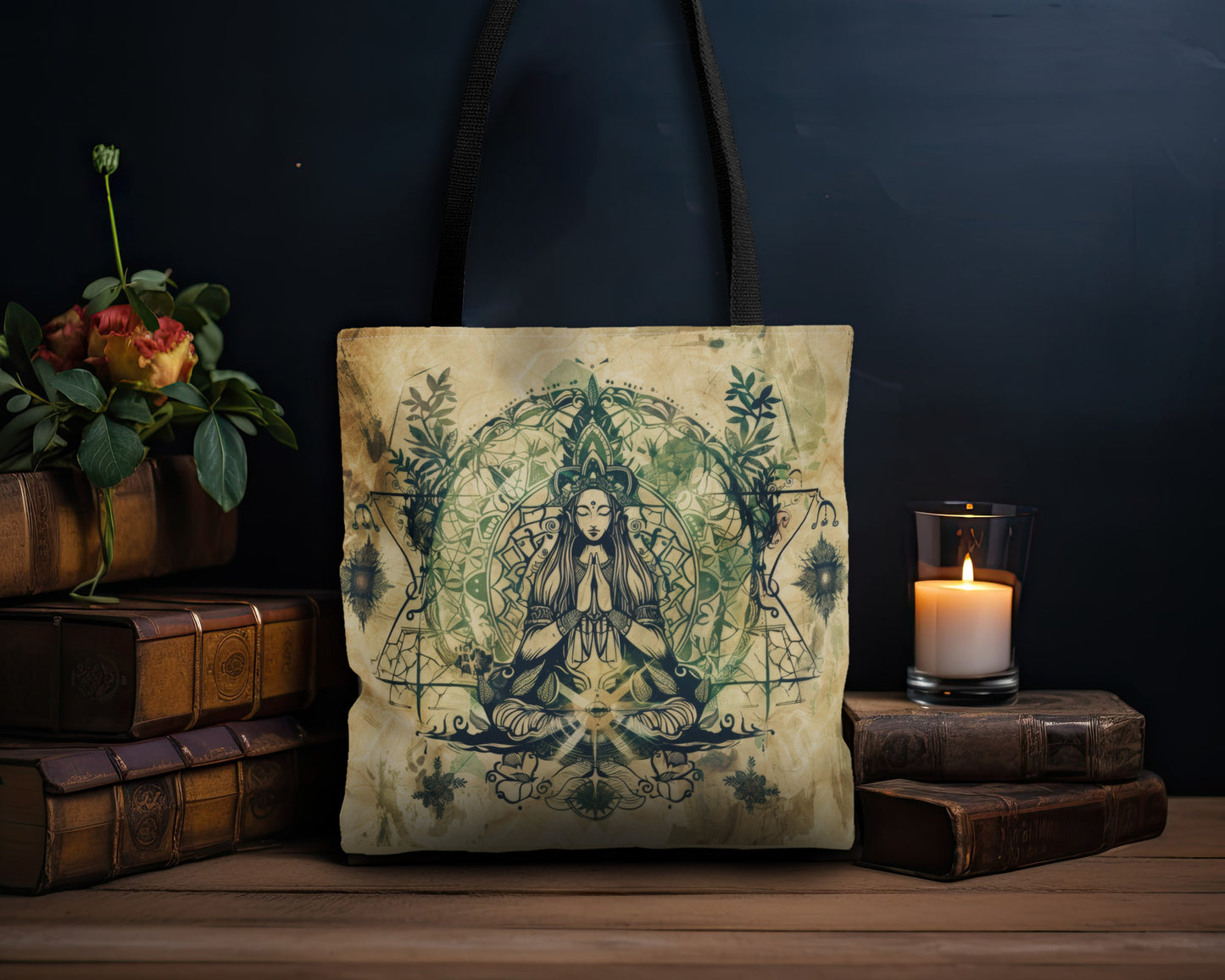 Nature Goddess Polyester Tote Bag (Double Sided), Zen Nature Aesthetic, Sacred Geometry Style Fashion, 3 Sizes, Black Handles