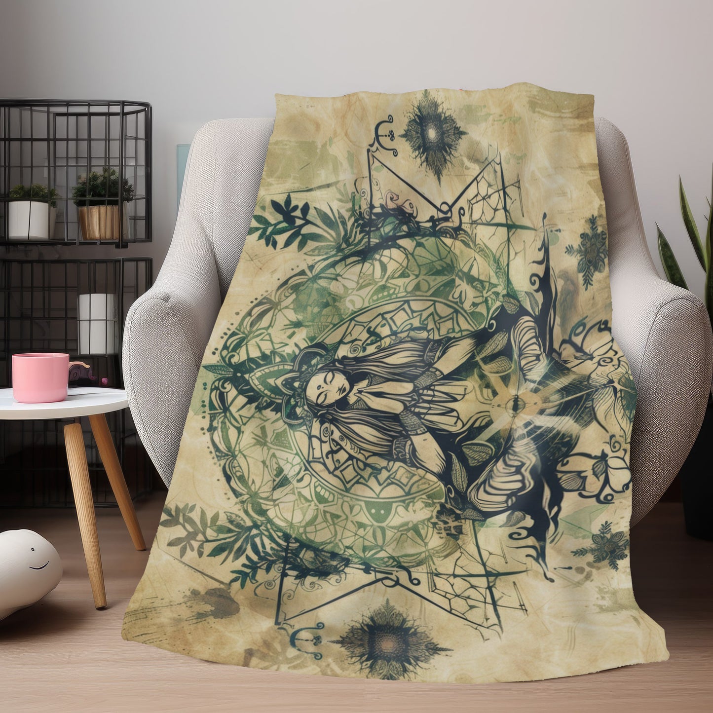 Nature Goddess Two-Sided Throw Blanket, Mystical Occult Design, Sacred Geometry Aesthetic, Enchanting Bedroom and Living Room Decor