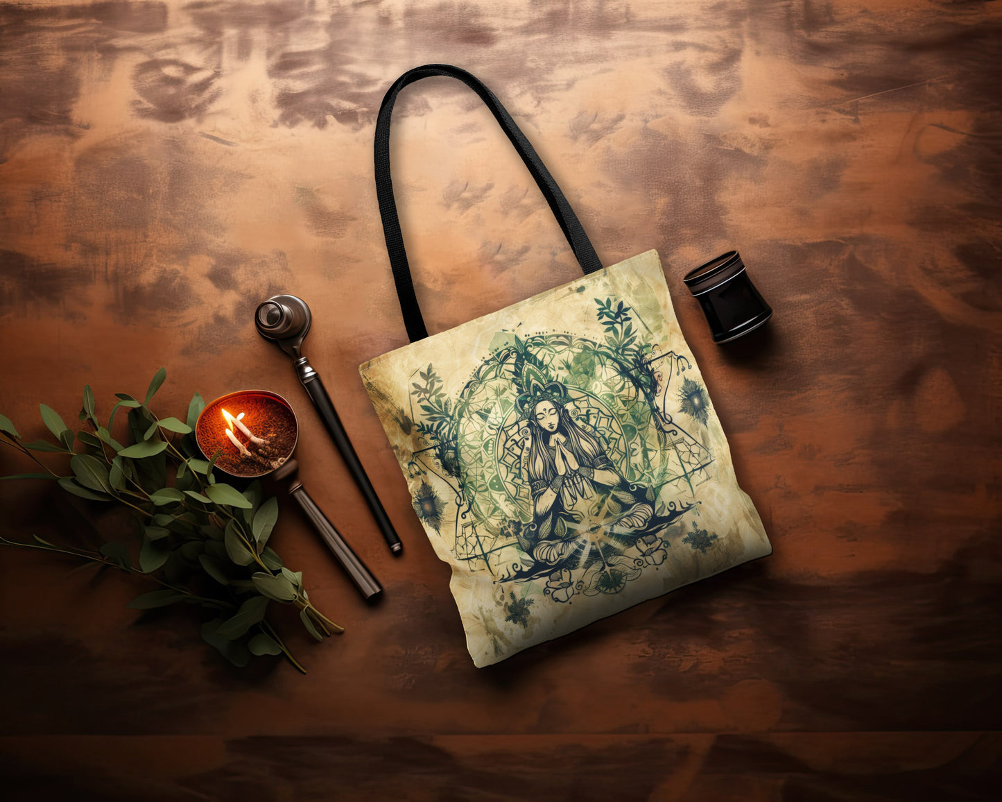 Nature Goddess Polyester Tote Bag (Double Sided), Zen Nature Aesthetic, Sacred Geometry Style Fashion, 3 Sizes, Black Handles