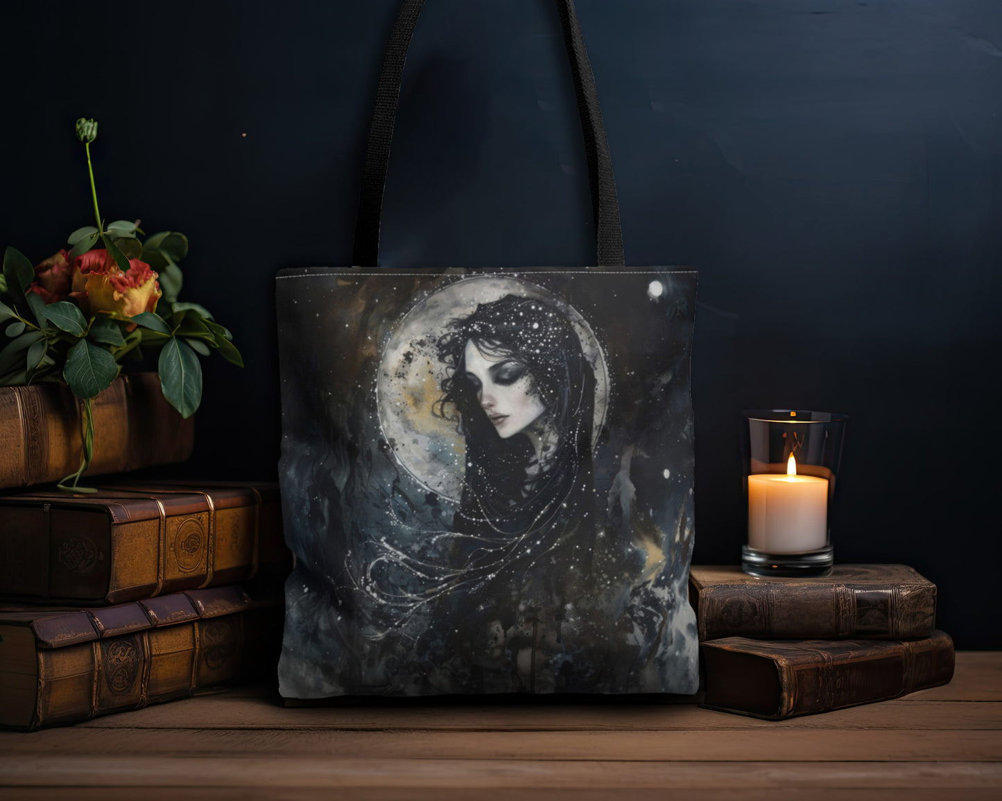 Nyx’s Nocturne Tote Bag, Dual-Sided Greek Goddess Design, Starry Night Elegance, Mystical Fashion Statement