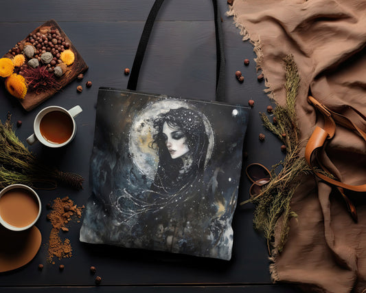 Nyx’s Nocturne Tote Bag, Dual-Sided Greek Goddess Design, Starry Night Elegance, Mystical Fashion Statement