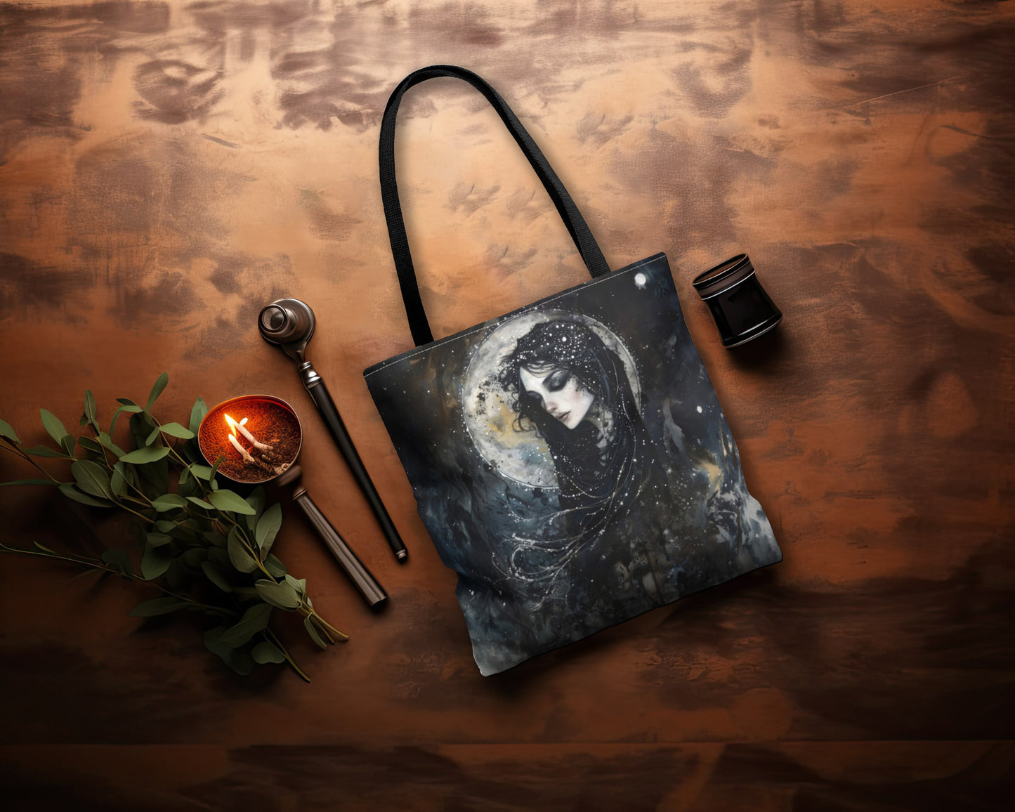 Nyx’s Nocturne Tote Bag, Dual-Sided Greek Goddess Design, Starry Night Elegance, Mystical Fashion Statement