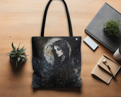 Nyx’s Nocturne Tote Bag, Dual-Sided Greek Goddess Design, Starry Night Elegance, Mystical Fashion Statement