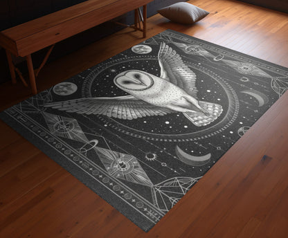 White Barn Owl Polyester Chenille Area Rug (3 Sizes), Sacred Geometry Aesthetic, Dark Occult Bedroom, Living Room & Dorm Room Decor