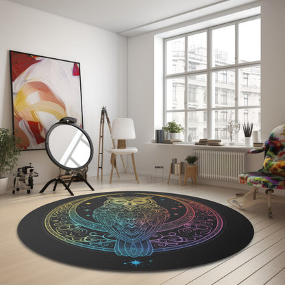 Lunar Sentinel Owl Round Chenille Area Rug, Moonlit Avian Emblem, Cosmic Wisdom Design, Starry Night and Lunar Motif, Mystical Moonlit Decor