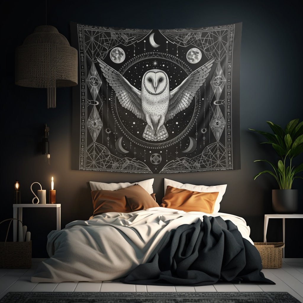 Mystical White Barn Owl Wall Tapestry - Enchanting Dark Occult and Sacred Geometry Home Decor, Available in 4 Sizes