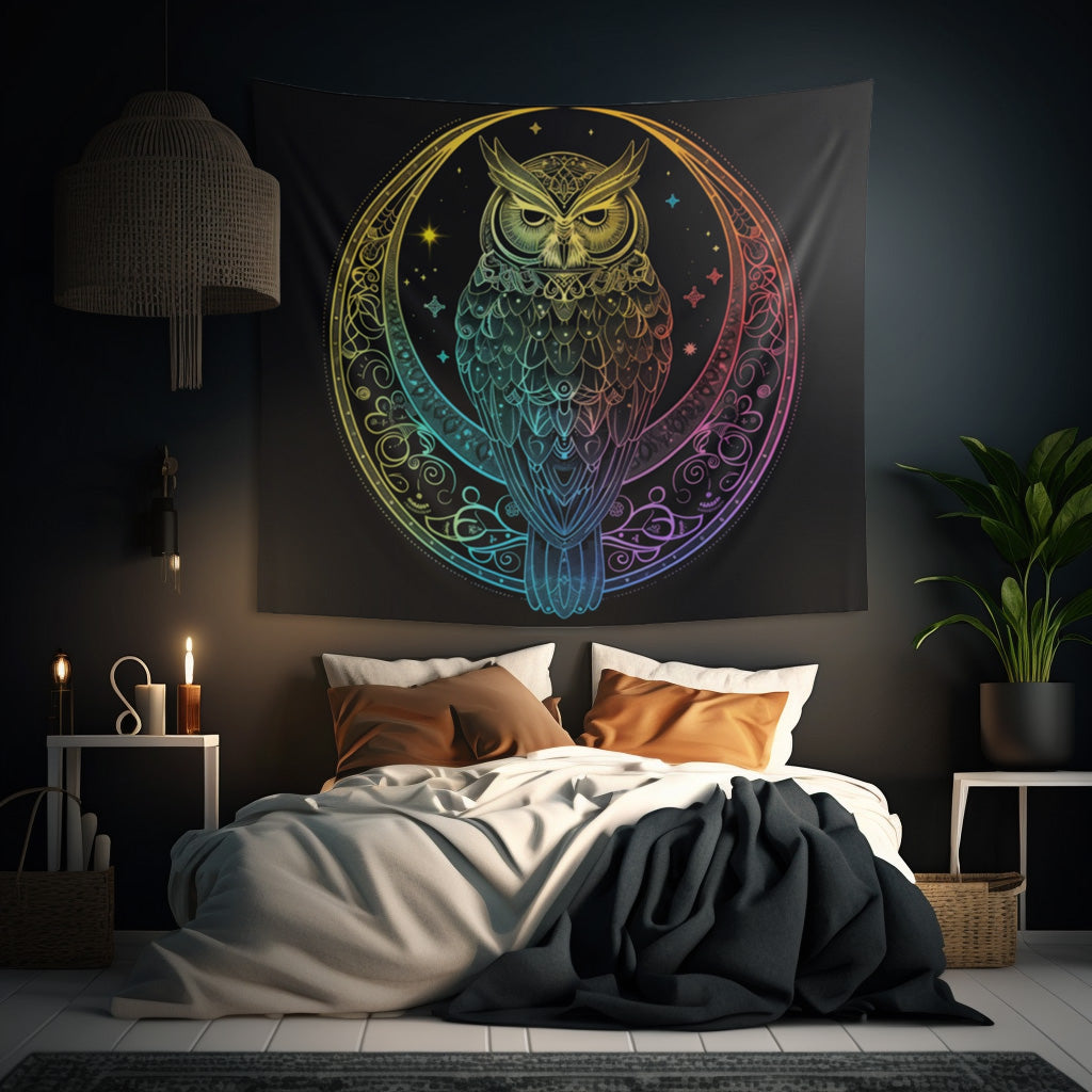 Lunar Sentinel Owl Indoor Wall Tapestry, Moonlit Avian Emblem, Cosmic Wisdom Design, Starry Night and Lunar Motif, Mystical Moonlit Wall Art