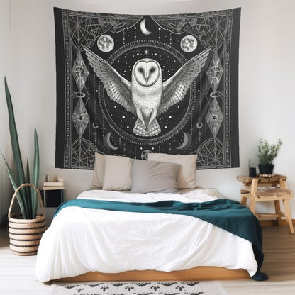 Mystical White Barn Owl Wall Tapestry - Enchanting Dark Occult and Sacred Geometry Home Decor, Available in 4 Sizes