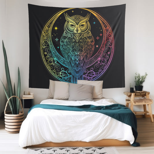 Lunar Sentinel Owl Indoor Wall Tapestry, Moonlit Avian Emblem, Cosmic Wisdom Design, Starry Night and Lunar Motif, Mystical Moonlit Wall Art